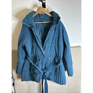 Lands End Down Women's Hooded Belted Jacket Teal Sz 2x 20W-22W